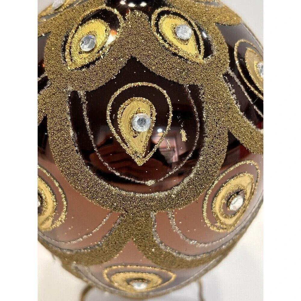 Vintage Hand Blown & Painted Glass Egg Christmas Ornament Diamond Glitter Set 2
